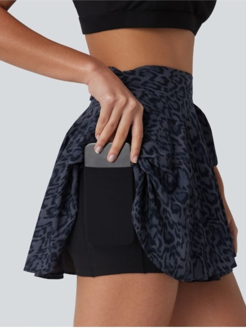High Waisted Tie Side 2-in-1 Leopard Print Flowy Mini Tennis Skirt with Pocket - Picture 4 of 4